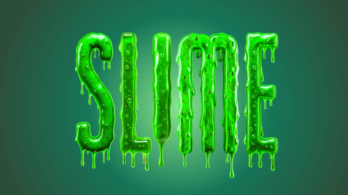 Testo 3D in slience verde brillante con bolle e tracce di slime