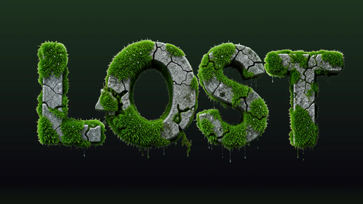 Testo 3D voluminoso in pietra crepata, ricoperta di muschio verde