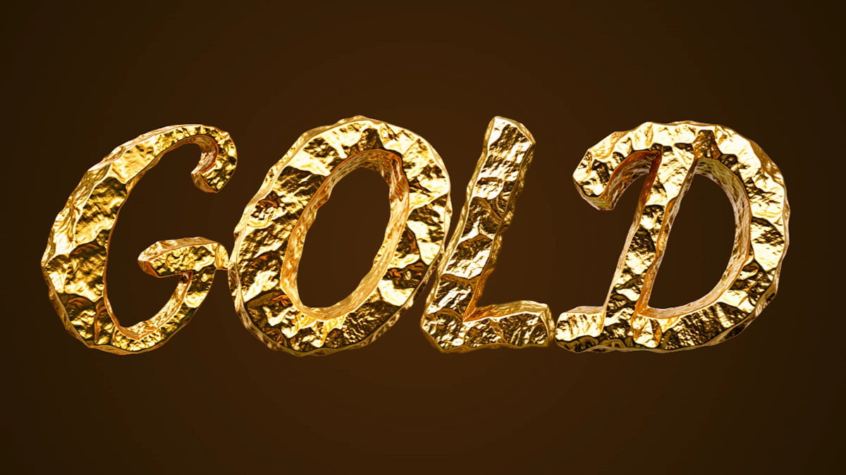 Testo 3D voluminoso in roccia dorata: lettere realistische in oro