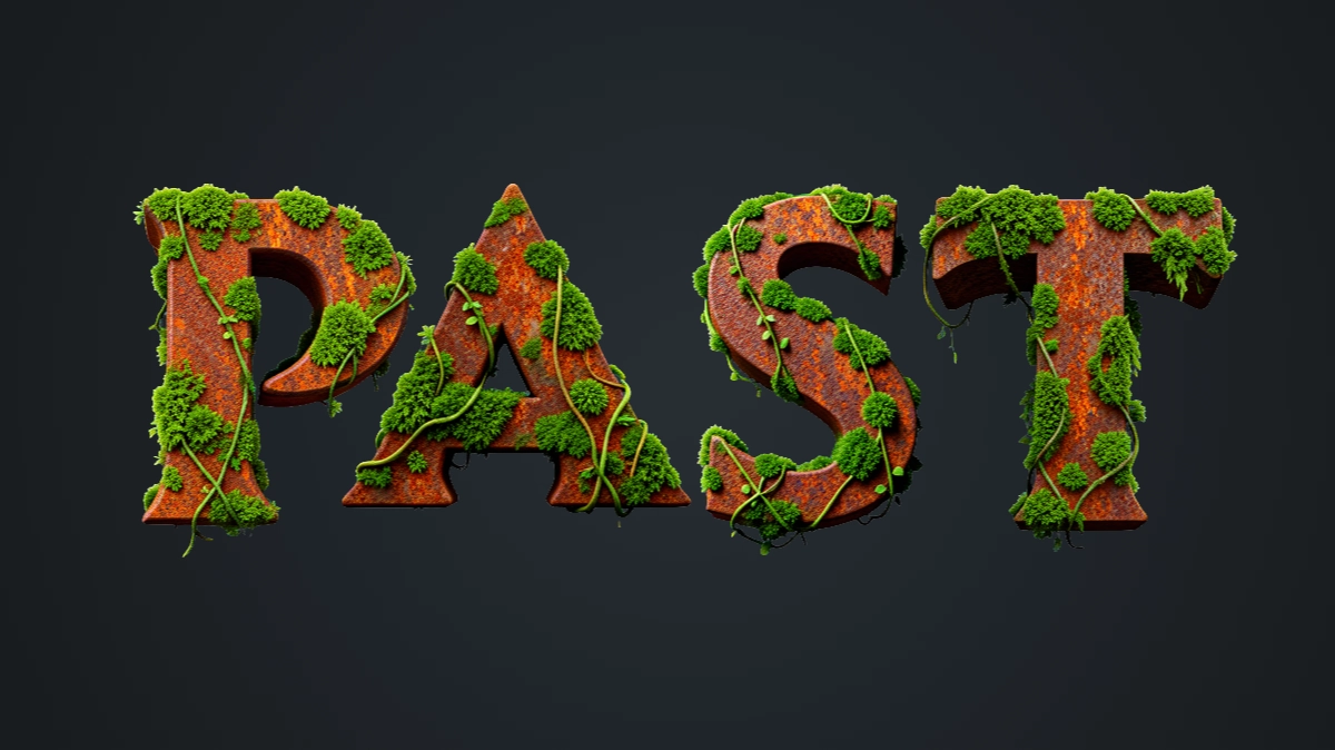 Testo 3D in metallo rugginoso, ricoperto di muschio verde e vite