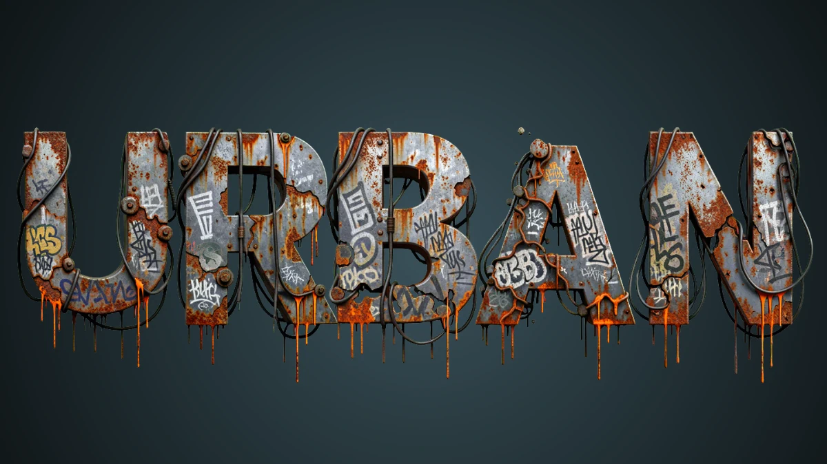 Testo 3D voluminoso in stile urbano: metallo rugginoso con graffiti, cavi e macchie