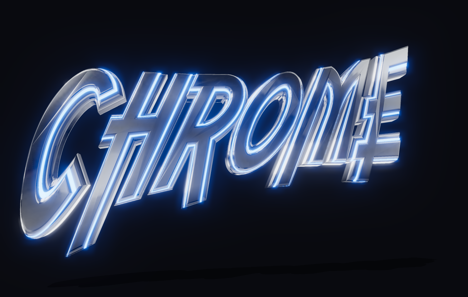 Testo 3D in cromo con illuminazione neon blu. Font 3D.